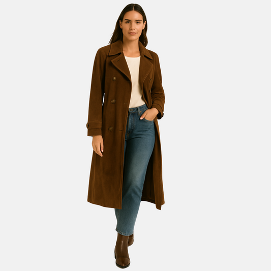 Women's trench coat with synthetic suede belt - classic elegance and refined modernity