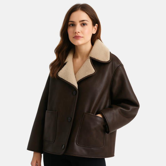 Women's Oversized Leather and Faux Fur Coat – Elegant Warmth for Winter